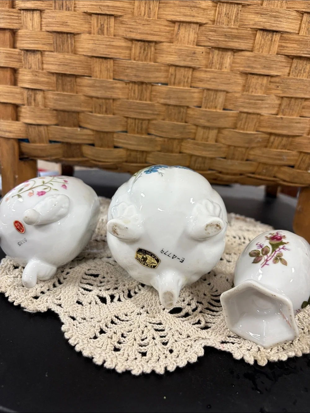 White Floral Porcelain Footed Vases Set - White with Pink & Blue Flowers